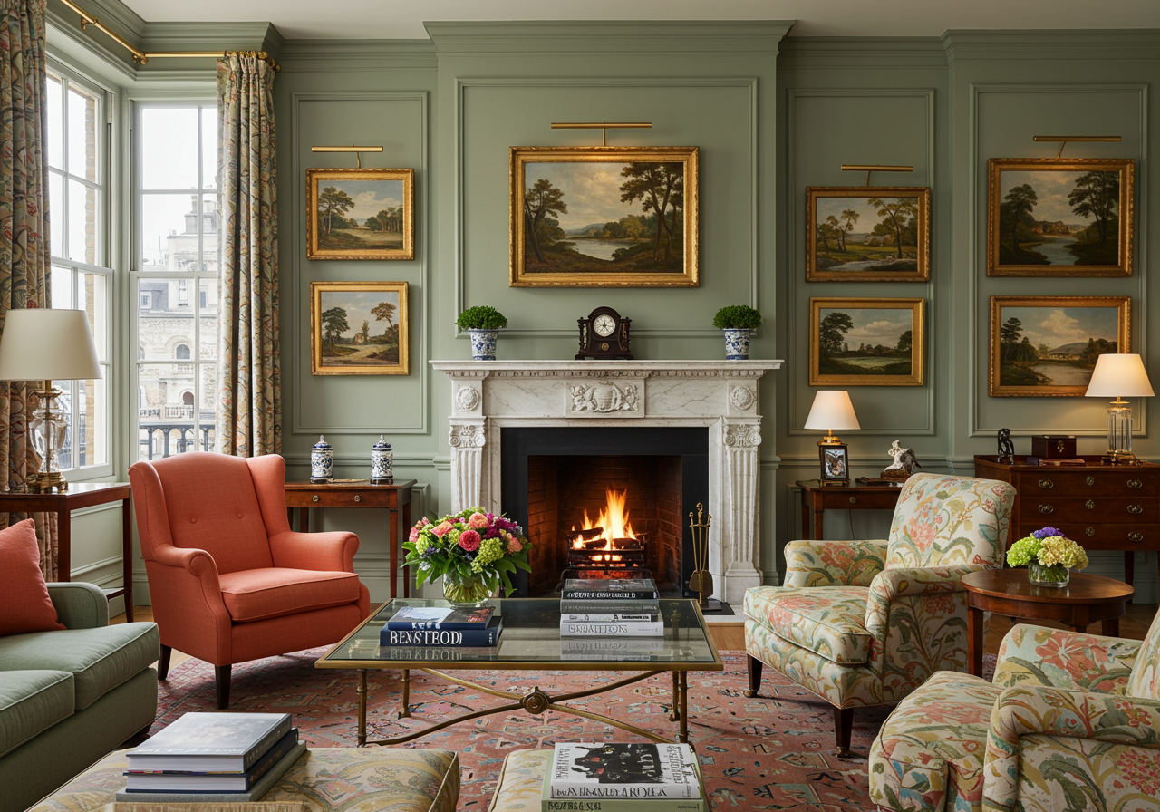 Dark living room with fire place and paintings