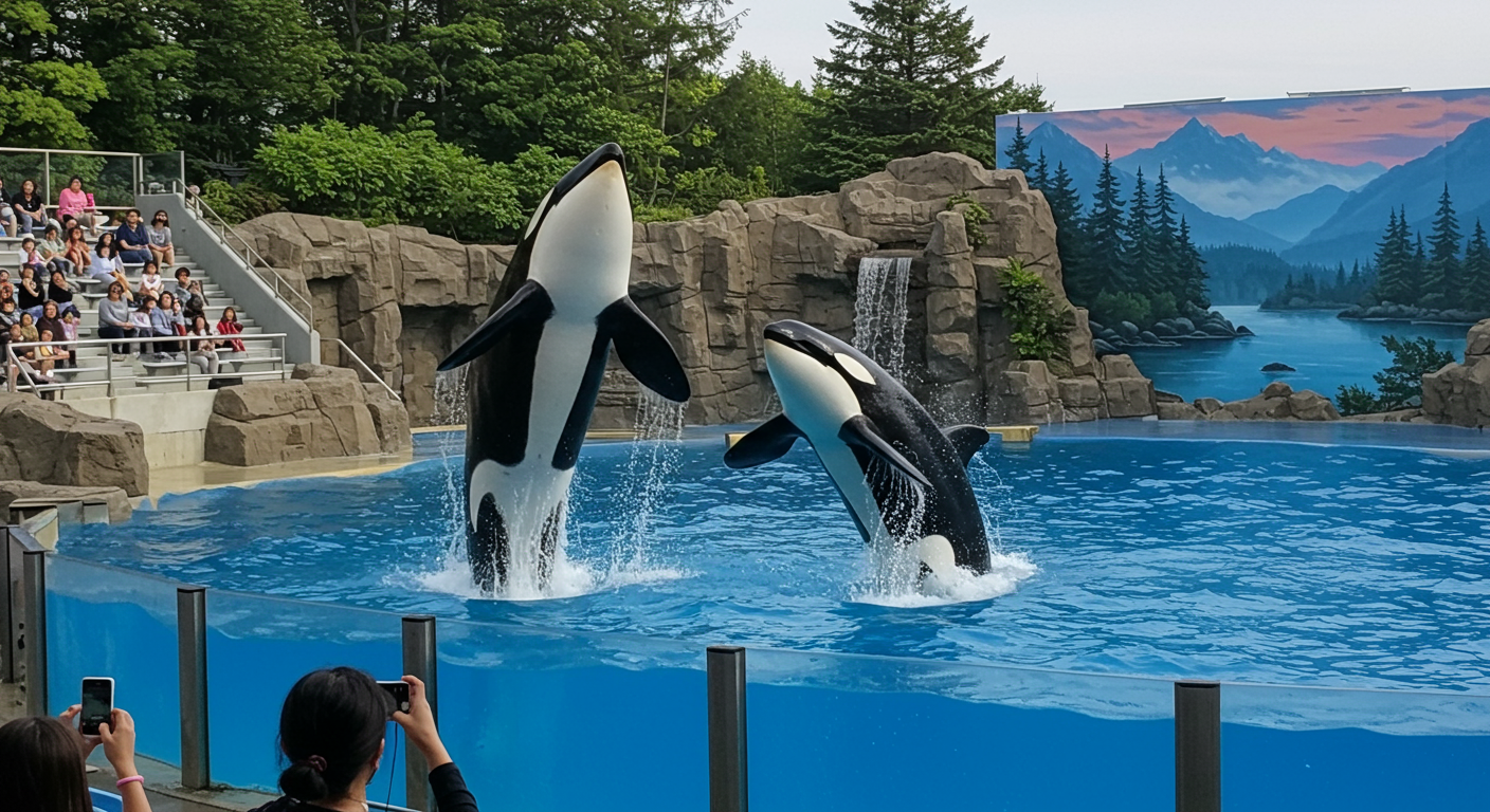 an orca breaching the water at Sea World in San Diego