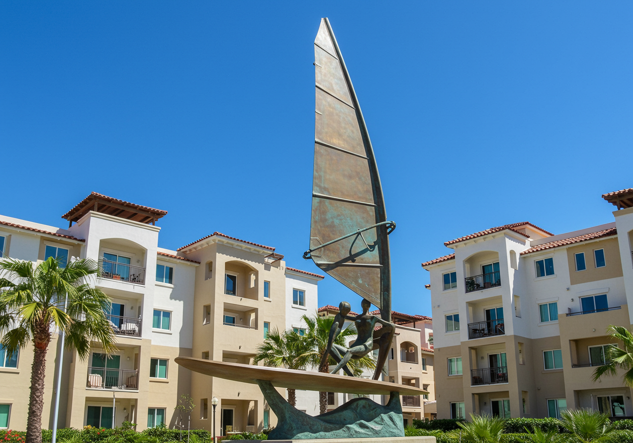 A bronze statue depicts surf and sailing pioneer Hobie Alter on a sail catamaran. Behind the sculpture are residential buildings. 