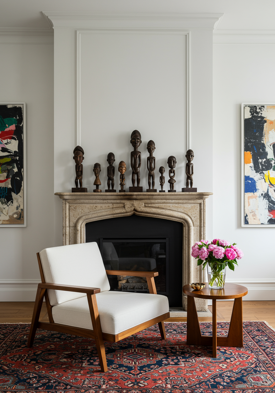 A fireplace has a row of eight sculptures on top. In front, a chair with an upholstered white seat cut into a wooden cube and a circular side table with four legs and a small bouquet on top.