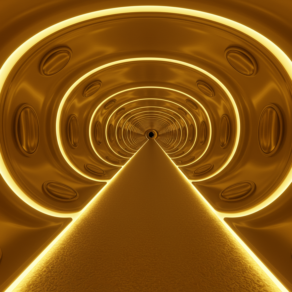 A golden, textured interior with curved walls and soft lighting, featuring several rounded, metallic objects.