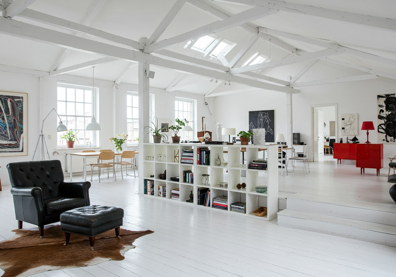 Bright loft living area with exposed white ceiling trusses, skylights, and a central open bookcase.