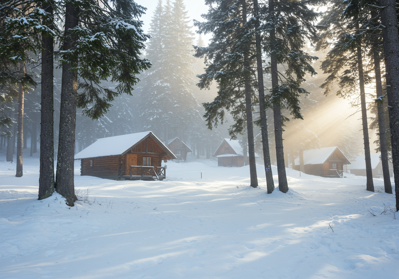 Cabins on a bluebird winter day with feet of snow on the ground at Tamarack Lodge in Mammoth Lakes CA