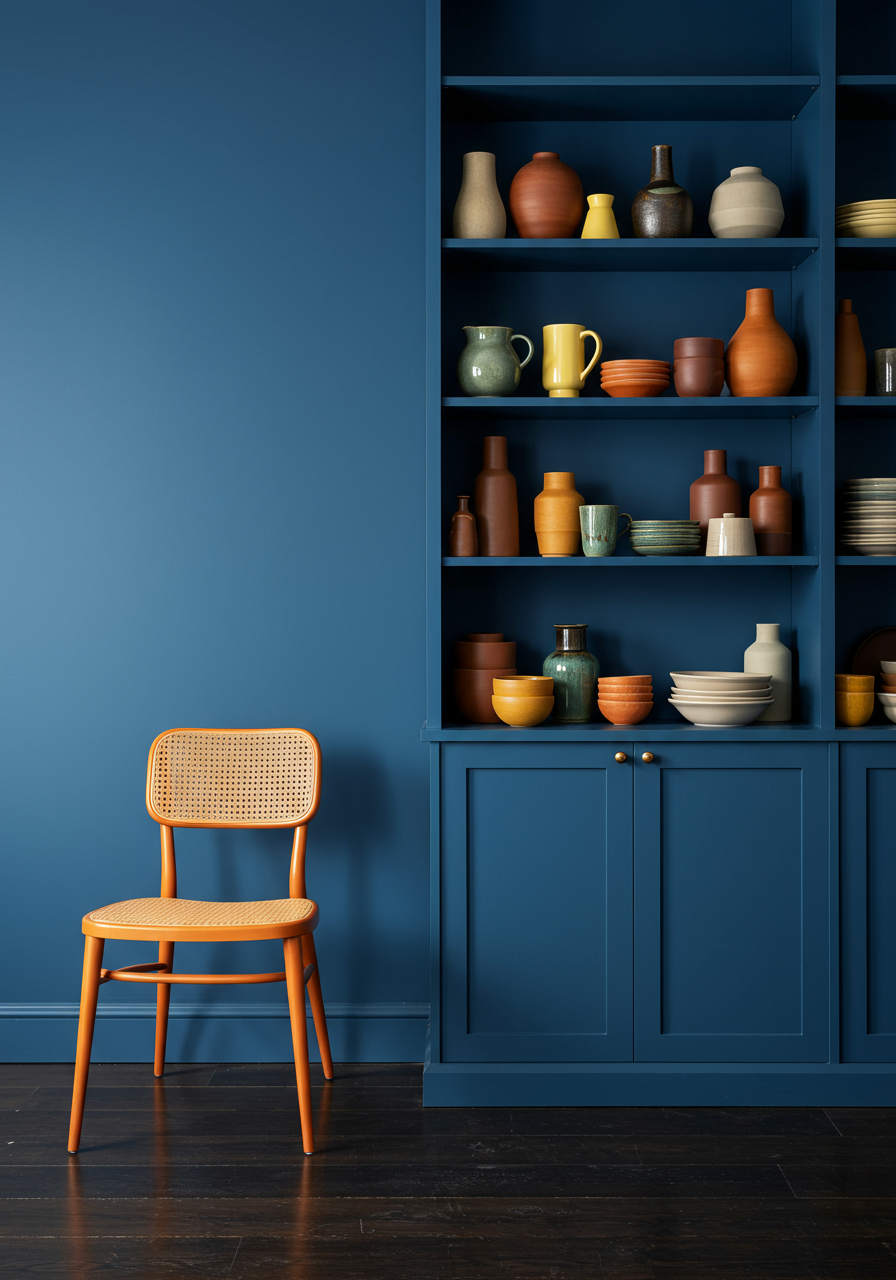 blue wall with blue shelf