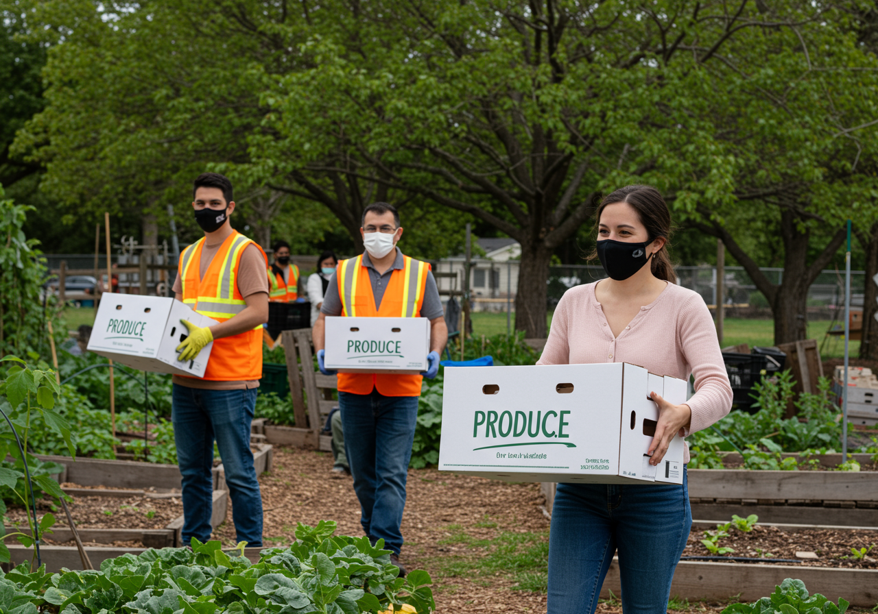 Woman wearing protective face mask picking up CSA box at community farm