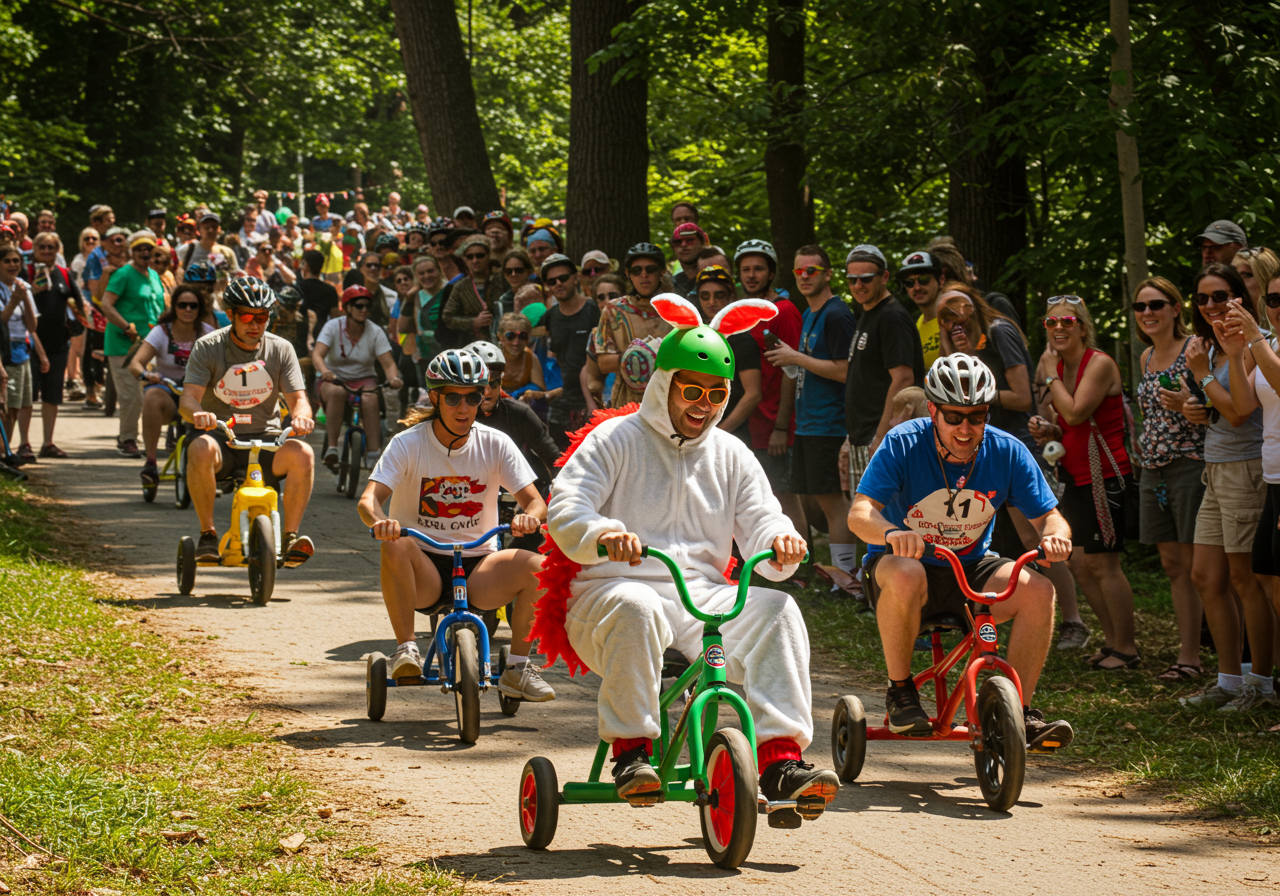 Costumed participants descend Vermont Street during the annual Bring Your Own Big Wheel event, on Sunday, April 17, in San Francisco.&nbsp;