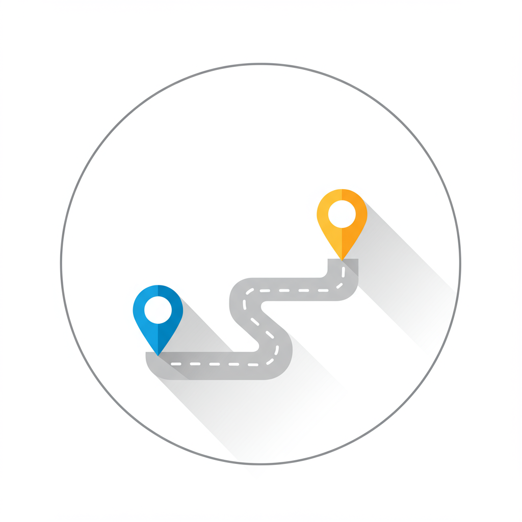 Winding route from a blue map pin to an orange destination pin.