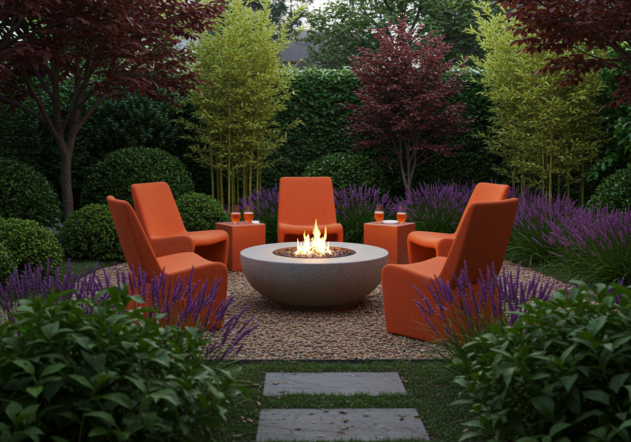 outdoor fireplace and chairs