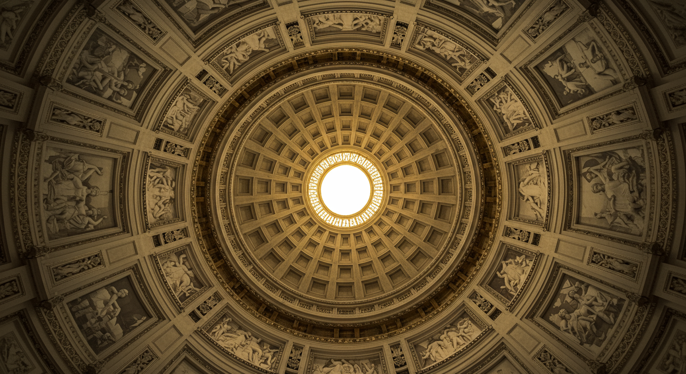 Photo revealing the majestic interior of San Francisco City Hall's dome, showcasing the intricate coffered ceiling, Corinthian columns, and ornate molding illuminated by warm light