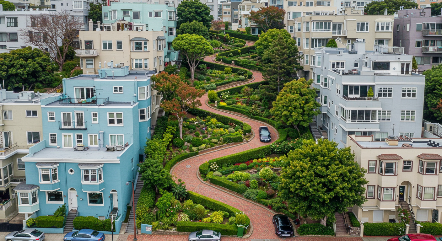 Aerial view of Lombard Street in San Francisco, showing its iconic switchbacks and red brick pavement. The street winds through a lush green hillside with trees and flowers in bloom. Cars navigate the curves, and pedestrians walk on the sidewalk.