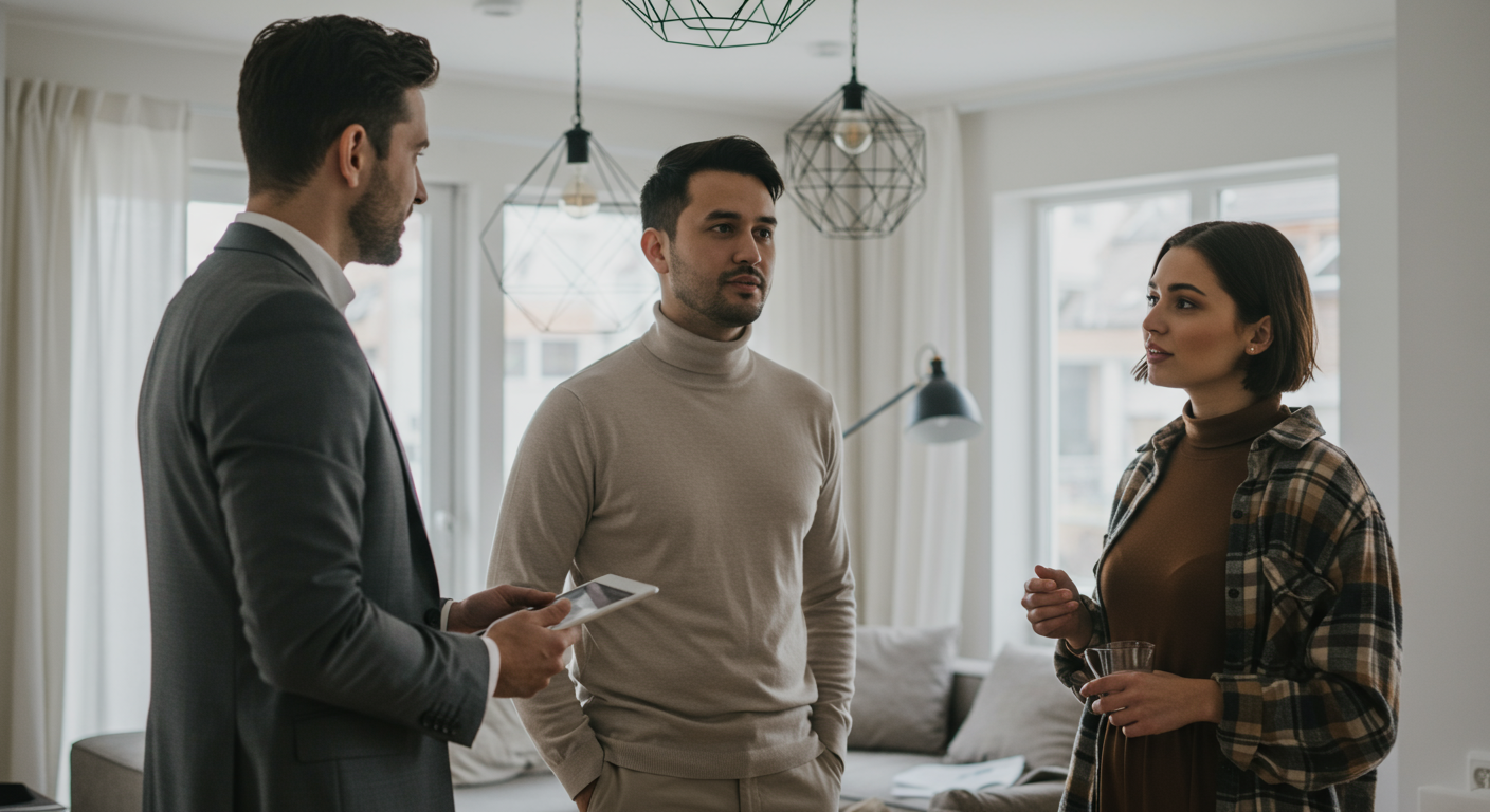 Real estate agent showing a modern home to a couple, discussing property details in a bright room.