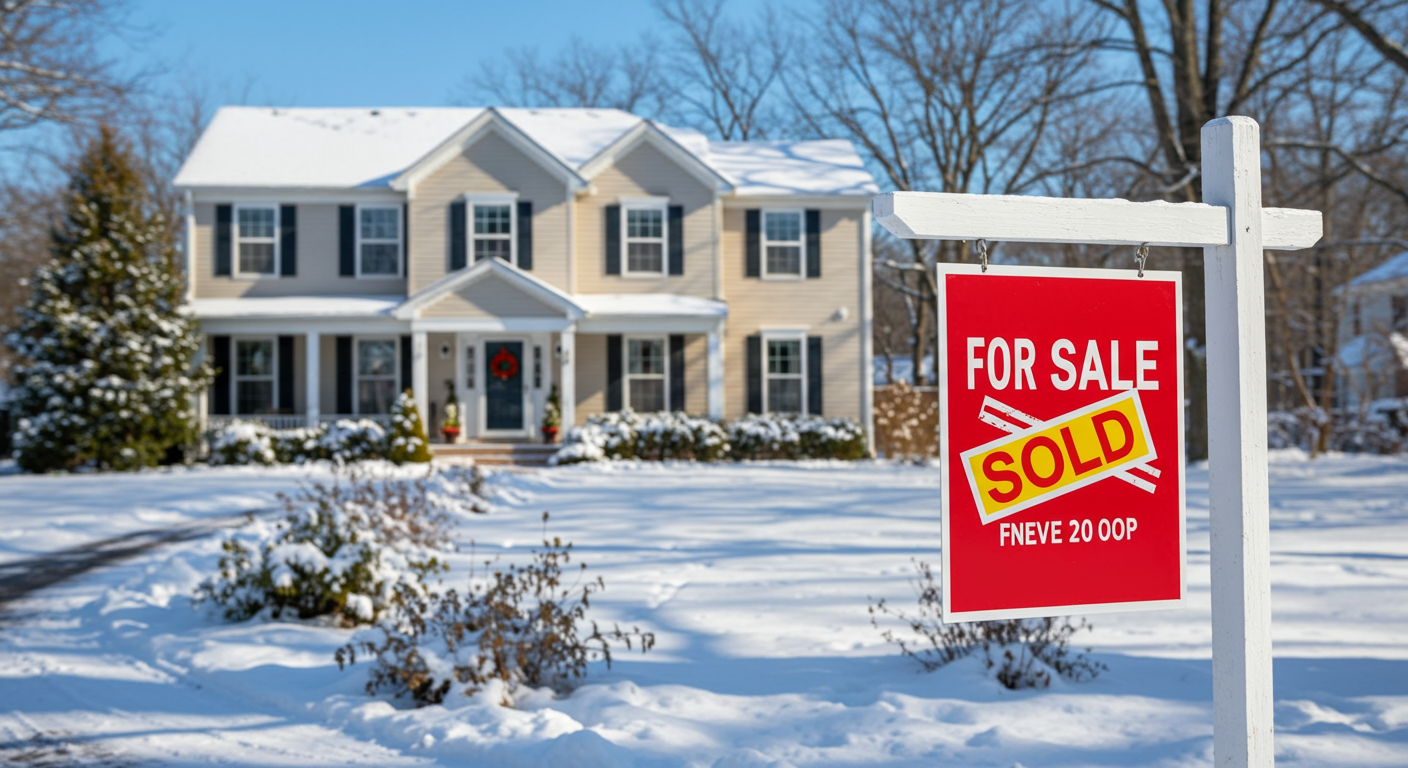 House in winter with a sold sign.