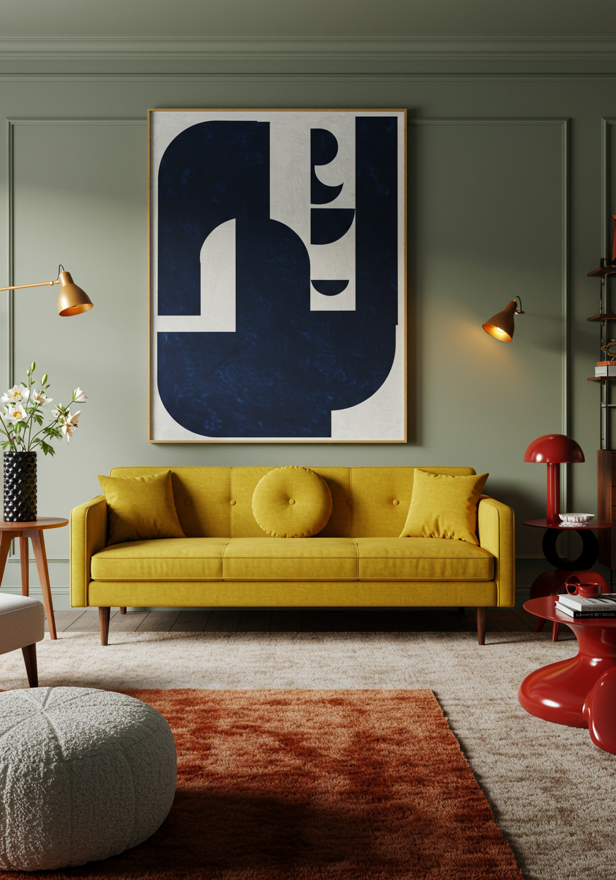 a yellow sofa below a blue and white abstract artwork in a renovated Brooklyn brownstone