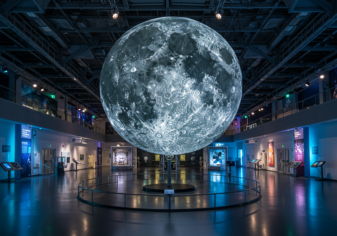 A glowing moon sculpture at the Exploratorium.