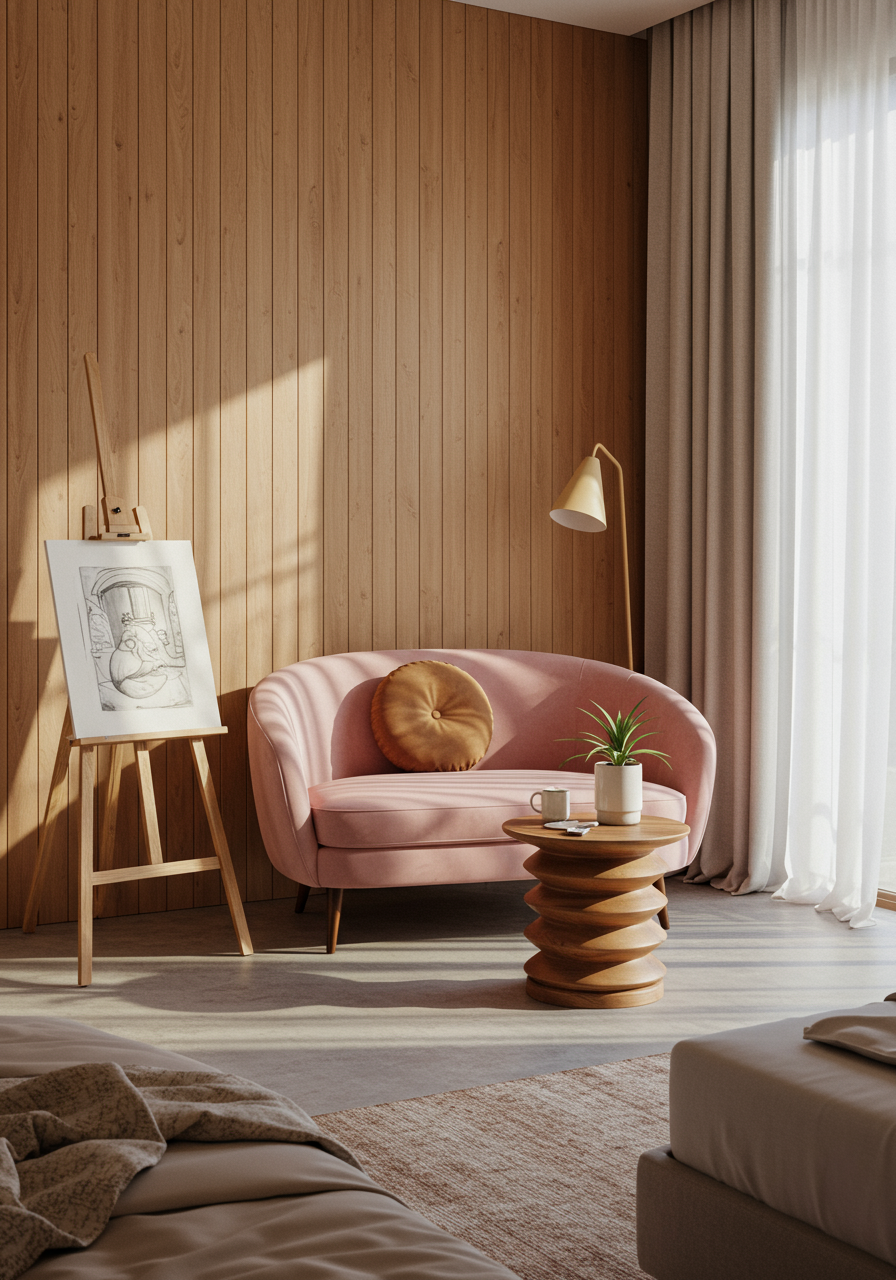 Image may contain Indoors Interior Design Wood Panels Couch Furniture Plant Bed Person Home Decor Rug and Art