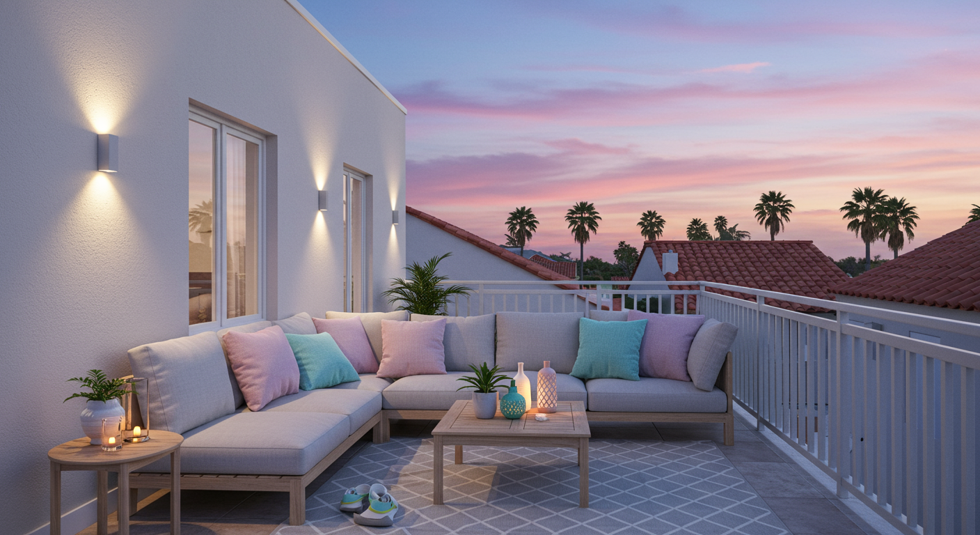 a 2nd floor home patio in San Diego, with pink tinting from the sunset