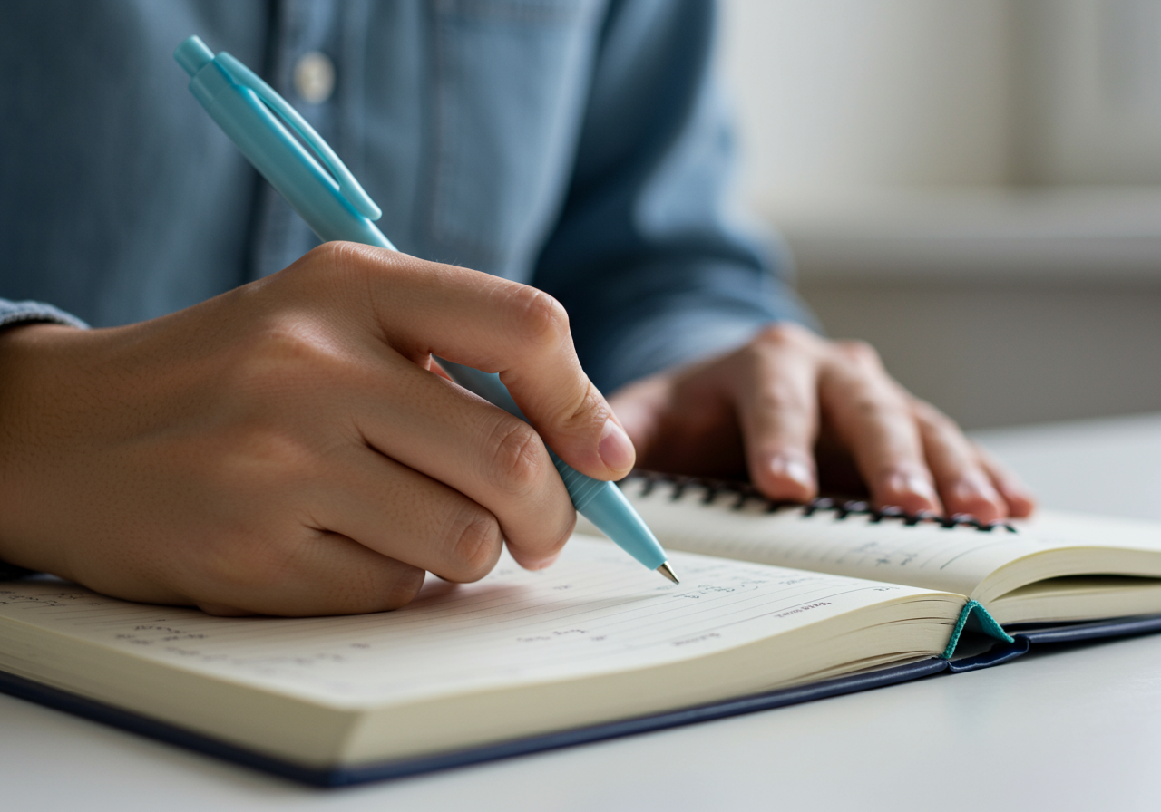 closeup of a person writing in a notebook