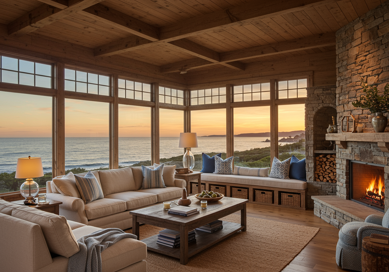 Interior of The Ark in Laguna Beach, CA with fireplace and ocean views at sunset