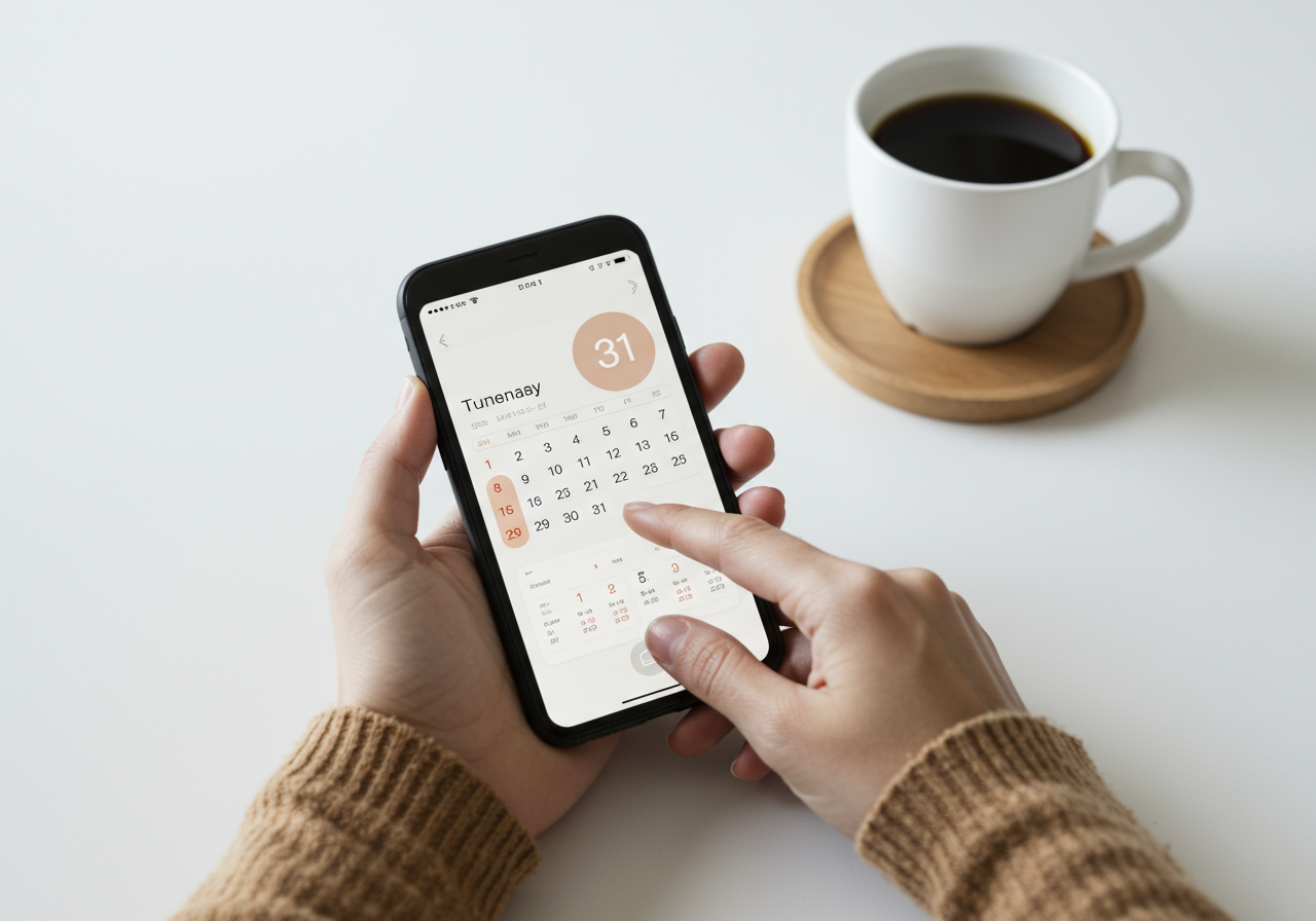 Hands check a calendar on a smartphone beside a cup of coffee.