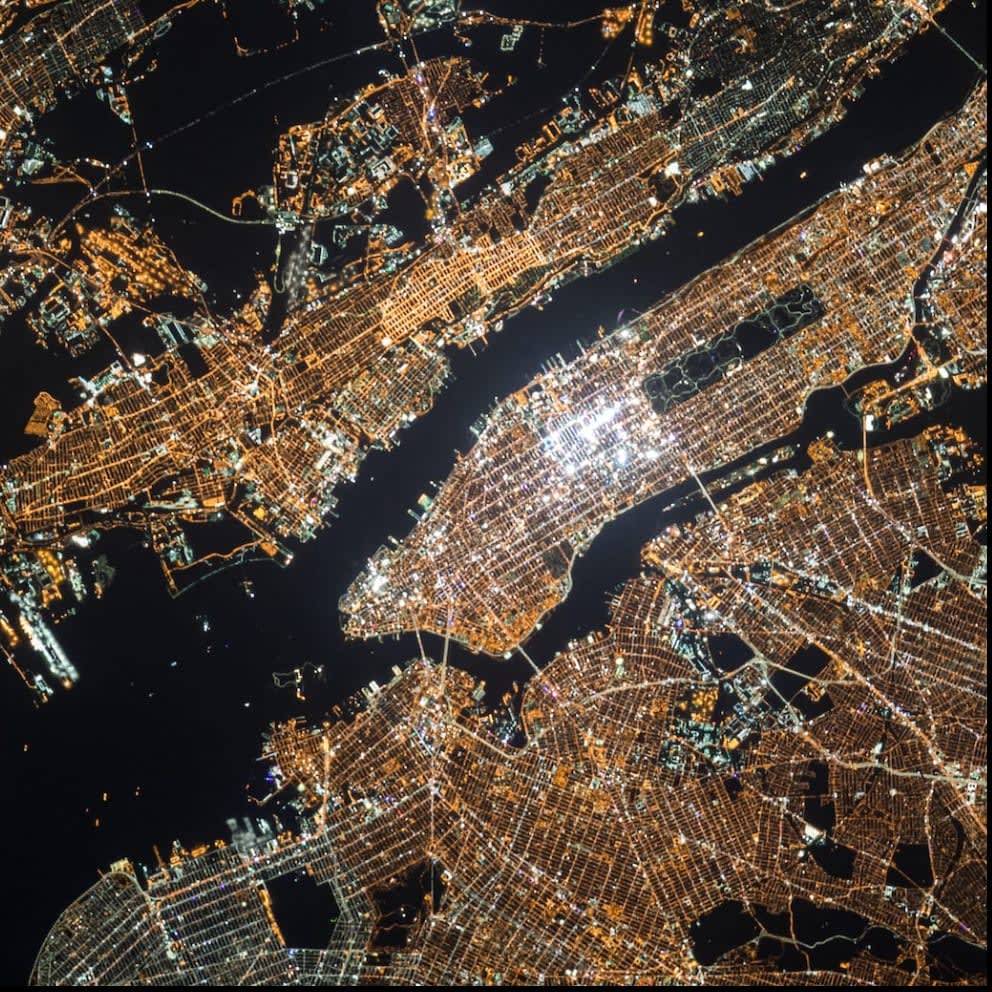 An aerial view of a city at night. The buildings are lit up with many colorful lights.