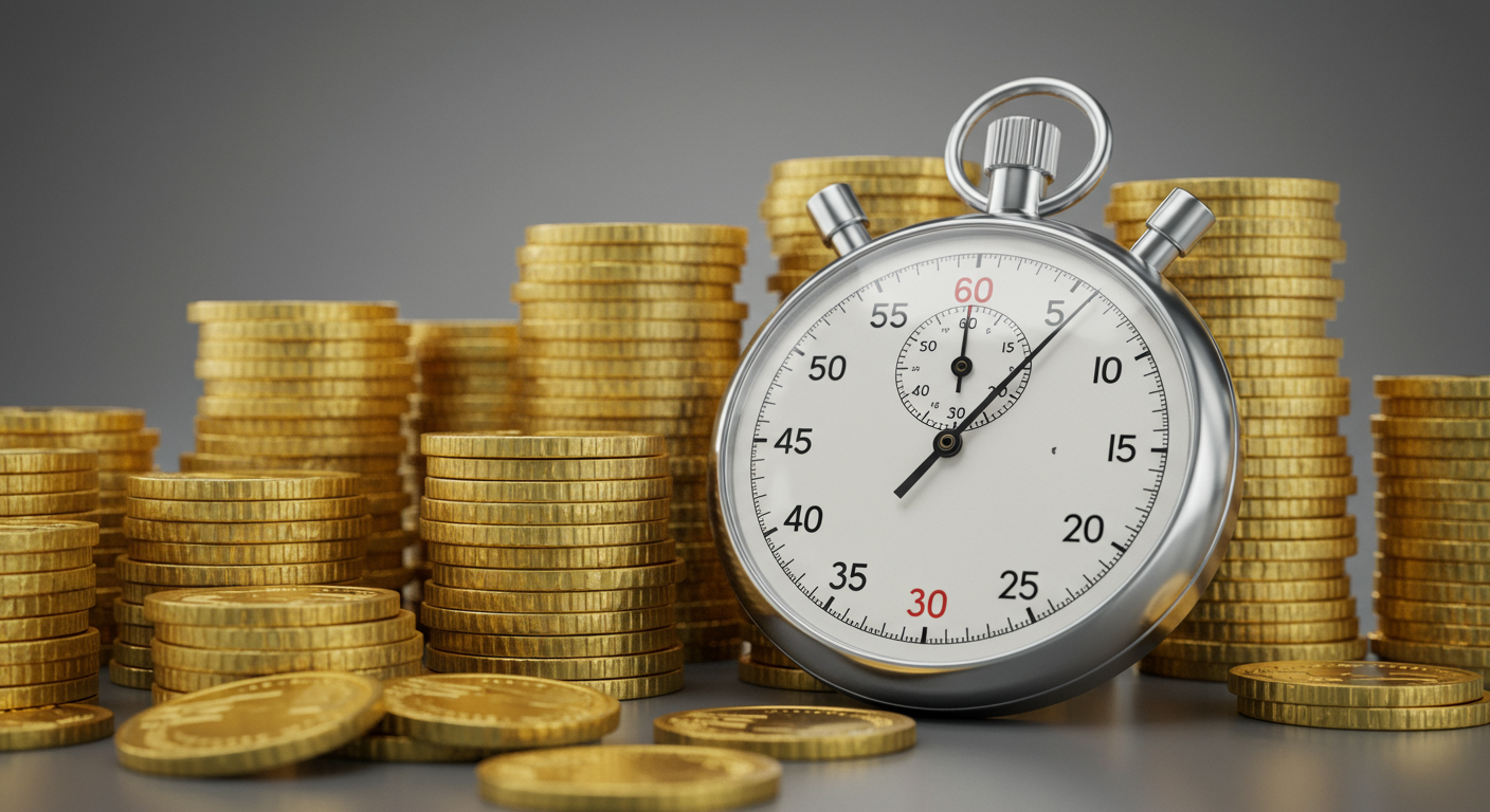 Stopwatch surrounded by stacks of gold coins.