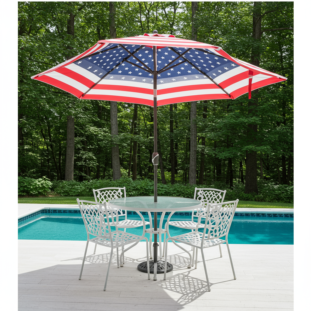 Poolside patio with white metal seating and a star-spangled umbrella beside a turquoise pool.