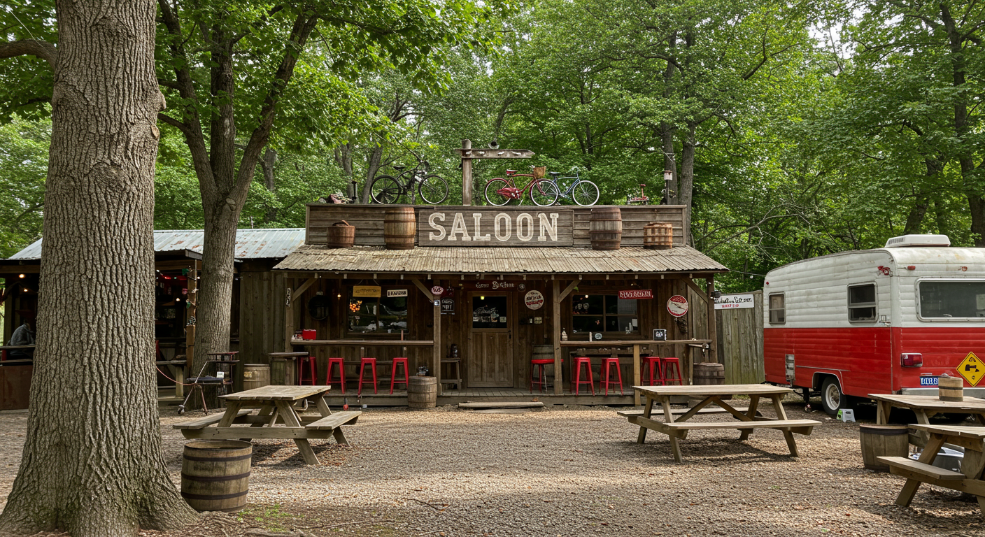 Rustic saloon among leafy trees, with rooftop bicycles, picnic tables, and a red-and-white trailer.