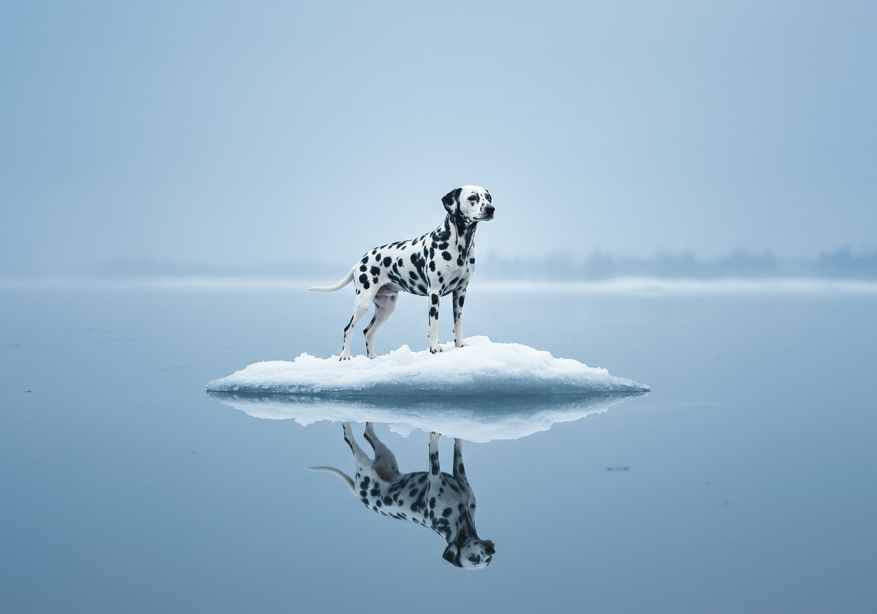 A Dalmatiaan dog next to a lake, his image reflected in it.