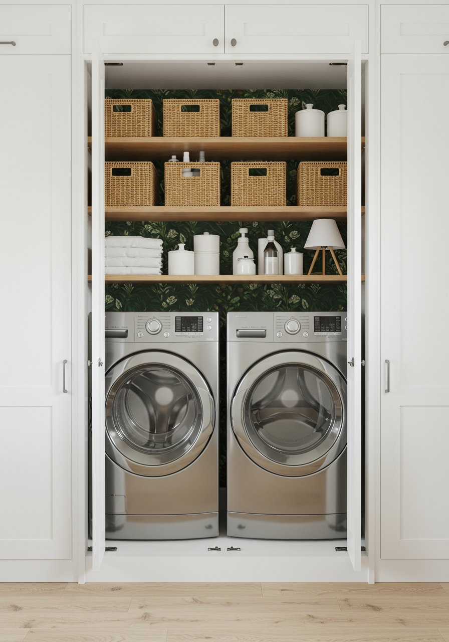 a laundry room with a shelf with laundry and dryer
