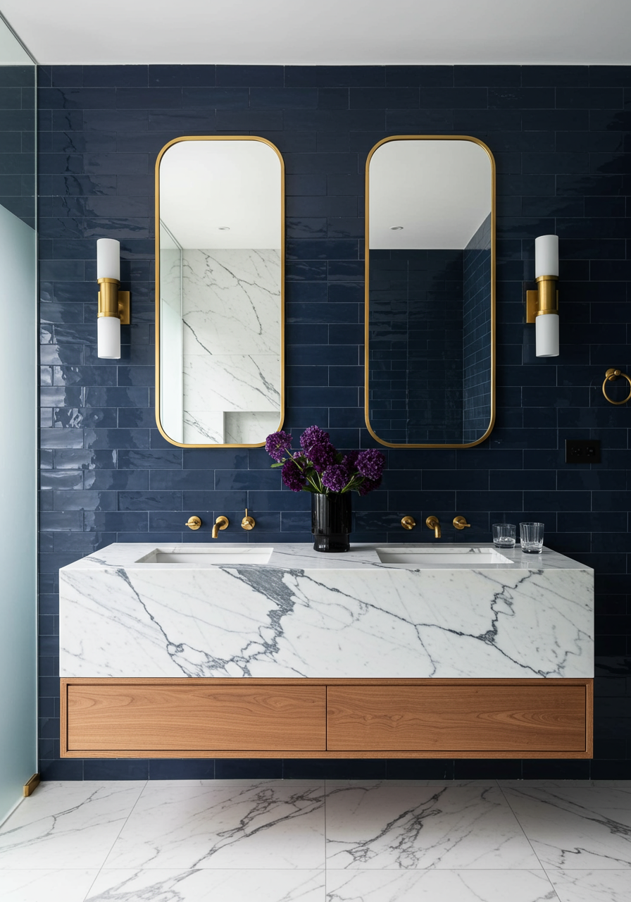 a bathroom with blue vertical tiles and a white marbled countertop