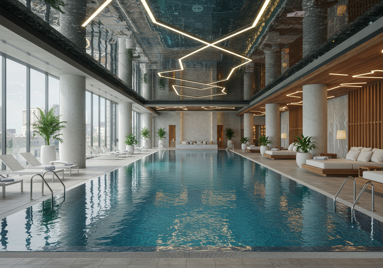 An indoor pool near large windows at a hotel.