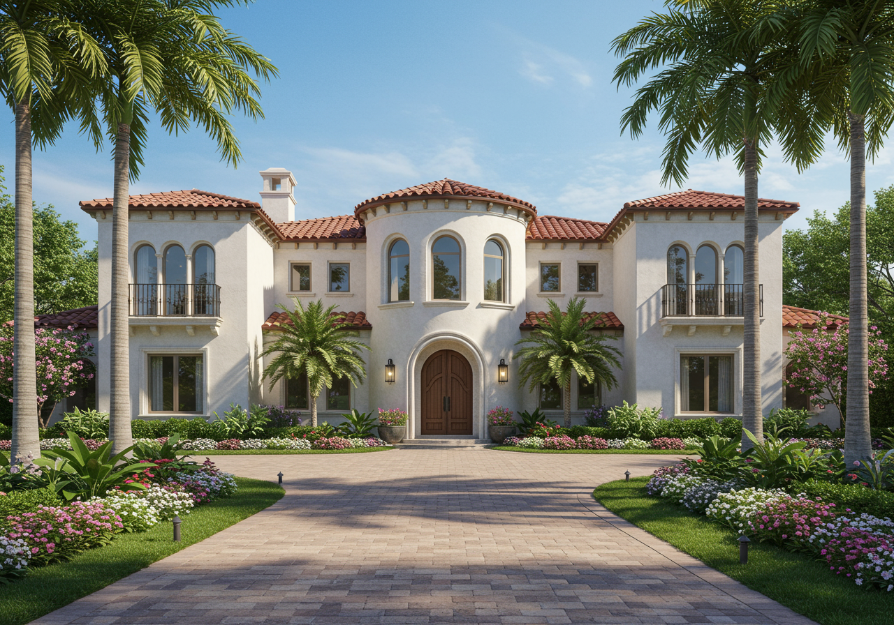 Mediterranean-style home with arched windows, terracotta roof, and lush landscaping.