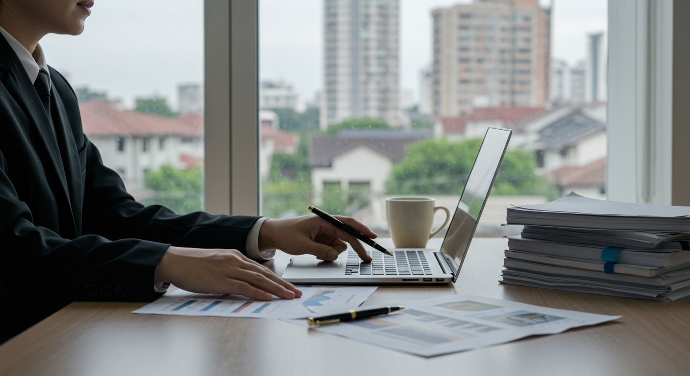 Person working at a laptop with printed charts and documents beside a window overlooking buildings.