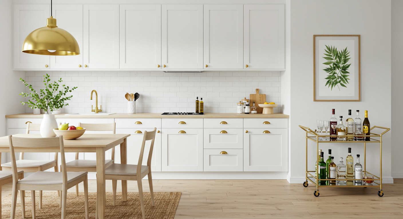 White kitchen with textured natural rug and bar cart