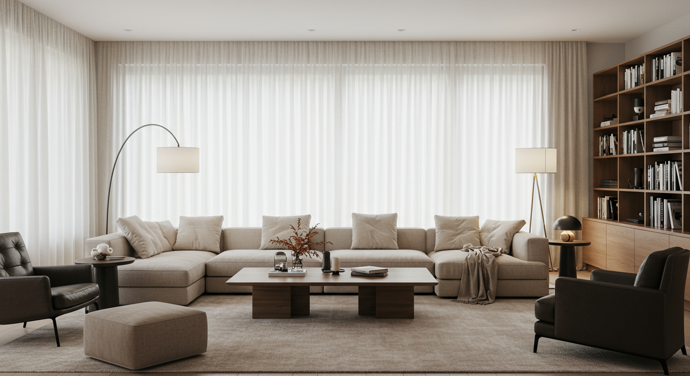 Living room with a beige sectional, dark lounge chairs, and a floor-to-ceiling wood bookcase.