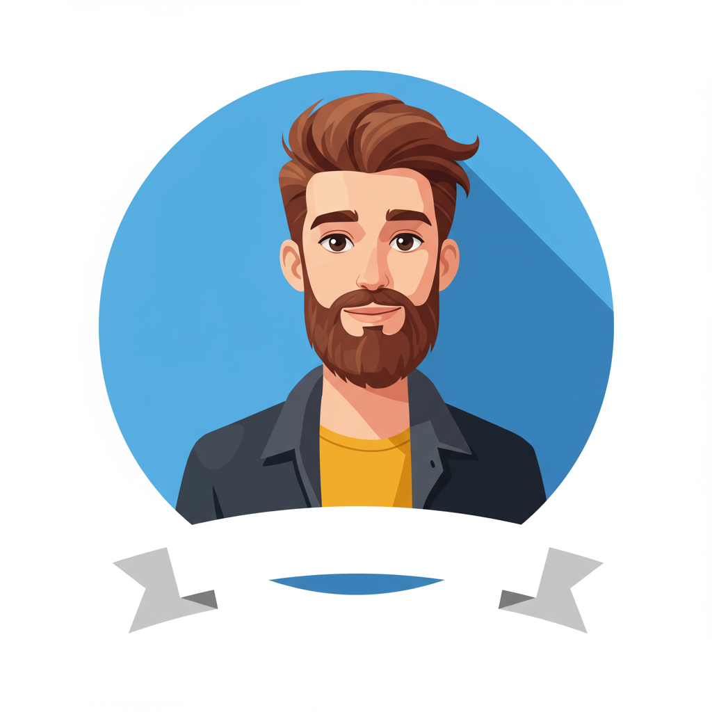 Illustrated bearded man in a dark jacket and yellow shirt, framed by a blue circle.