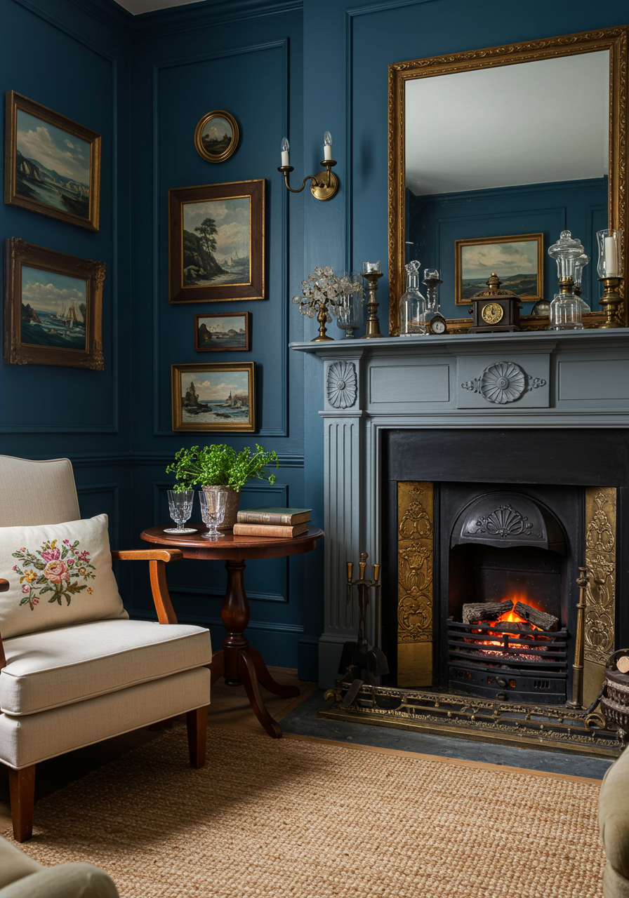 The corner of a living room with a comfortable chair, periwinkle blue wall color, and the mantel of a fireplace.