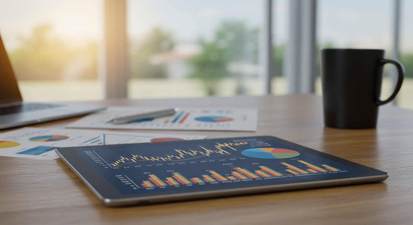 A tablet displaying various charts and graphs
