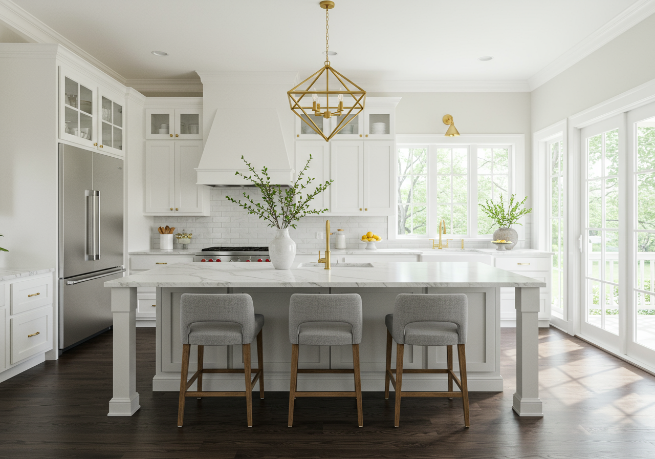 Bright white kitchen with a marble island, gray stools, brass fixtures, and large windows.