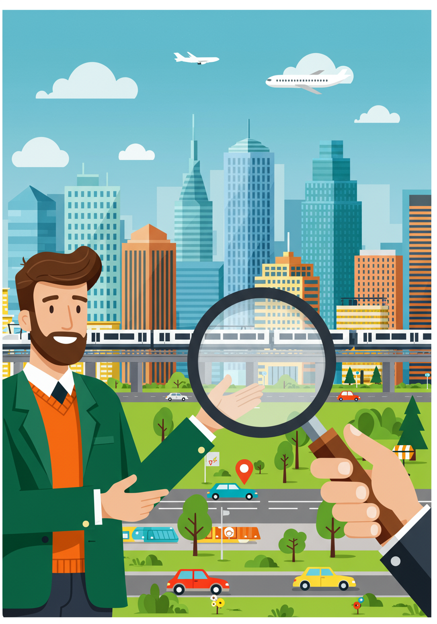 Real estate agent points out a city location through a magnifying glass.
