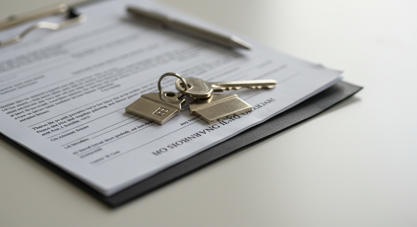 A key with a house-shaped keychain surrounded by papers