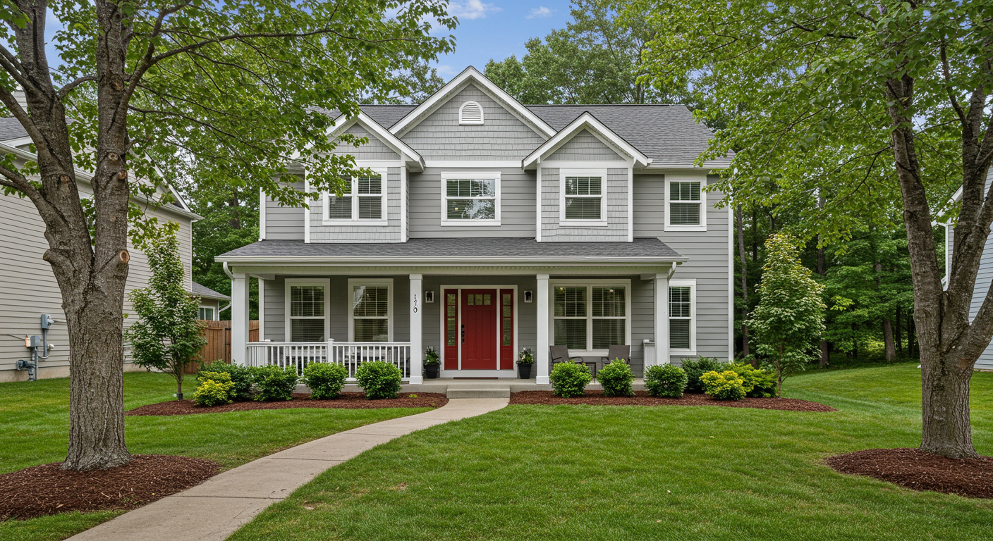 A two-story gray house with white trim, red door, covered porch, walkway, manicured lawn, and trees in the front yard.