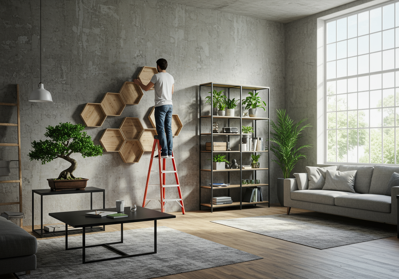 Man standing on a red stepladder installing wooden hexagonal shelves on a textured gray wall in a bright, modern living room with large windows, indoor plants, and stylish decor.