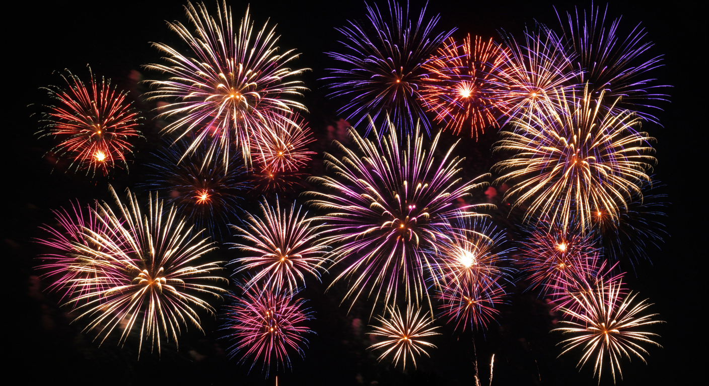Colorful fireworks burst across the night sky.