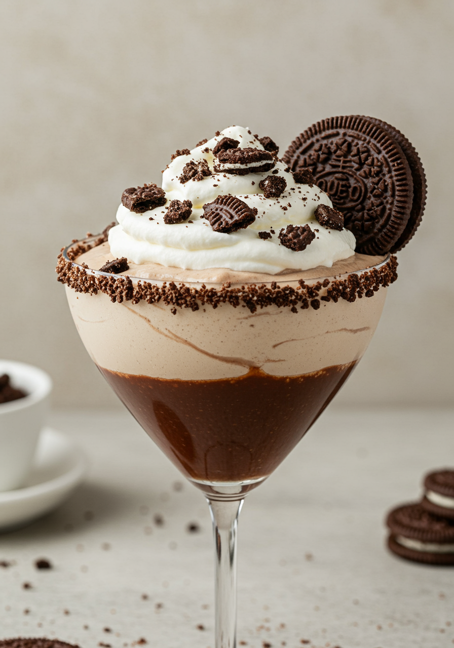 espresso mocha crunch mocktail in a martini glass with a whipped cream and chocolate topping and oreo garnish