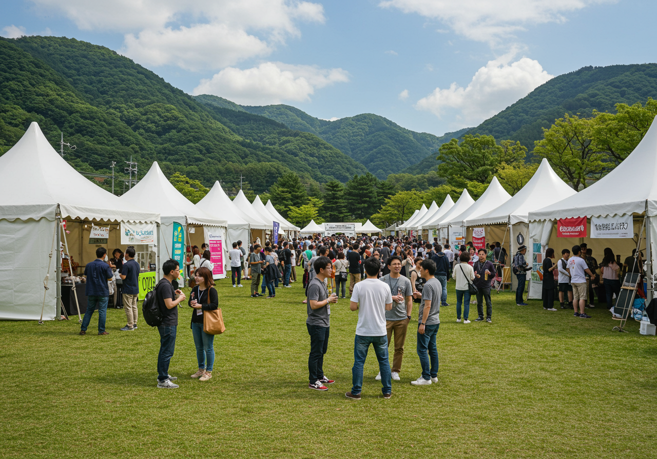 Tents with food displayed and green hillls in the background