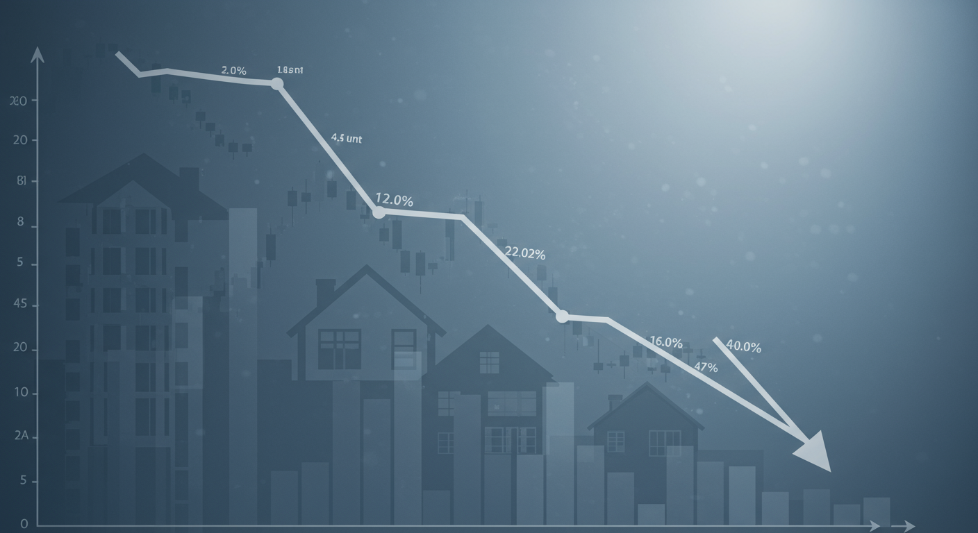 Chart of a declining real estate market with house silhouettes and a downward-trending arrow.