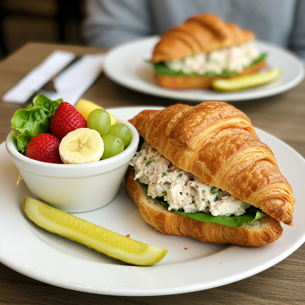 Croissant sandwich with creamy salad and greens beside a bowl of fresh fruit and a pickle spear.