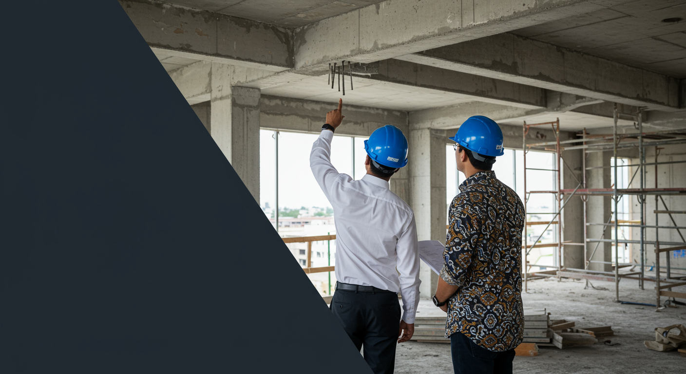 Unfinished home interior with two hard-hat inspectors, one pointing toward the exposed concrete ceiling.