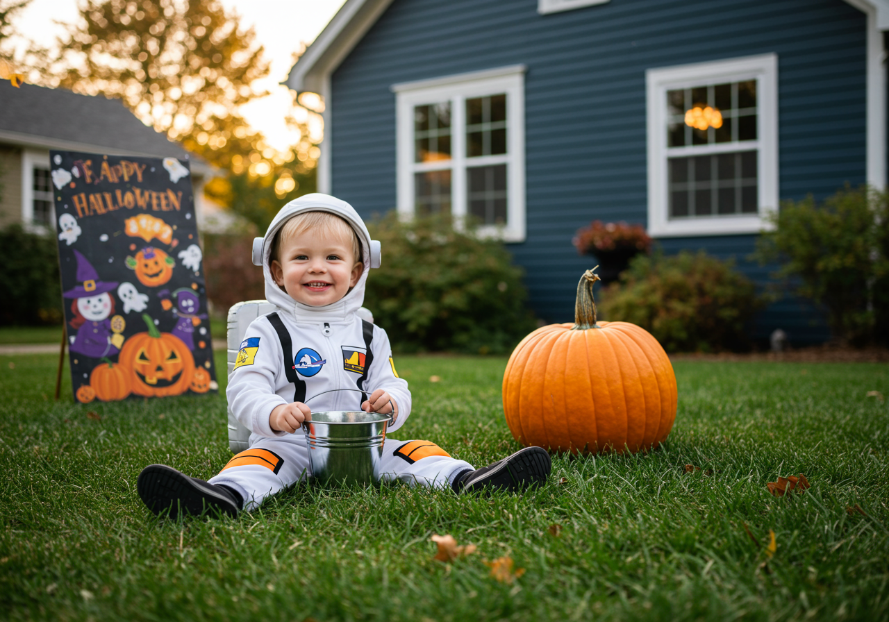 Boy dressed in astronaut costume